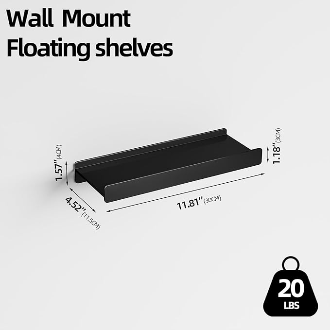 Floating Shelves for Wall, Wall Mounted Shelves with Lip for Storage, Metal Display Shelves for Home Decor, Kitchen/Living Room/Bedroom/Bathroom Shelf, Black 12 inch 1 Pack