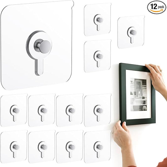 12 Pcs Picture Hangers without Nails, 20 Ibs Load Heavy Duty Self Picture Hanging Hooks for Hanging, Waterproof Adhesive Picture Hooks for Bathroom Kitchen, Transparent Sticky Hooks for Frames