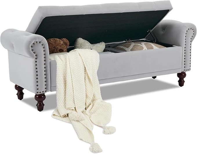SOFTHION 58.1" Storage Bench Upholstered Velvet End of Bedroom Bed Bench Ottoman with Tufted Cushioned Rolled Arm Large Storage Space for Reading Living Room Entryway, Light Grey