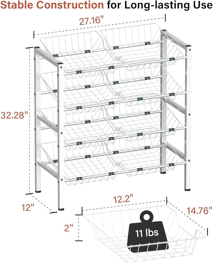 4-Tier Kitchen Storage Rack, Metal Pantry Storage Stand, Fruit Basket Stand with 8 Fruit Vegetable Baskets, Freestanding Snack Organizer Shelf Unit for Living Room, Office, Apartment, White
