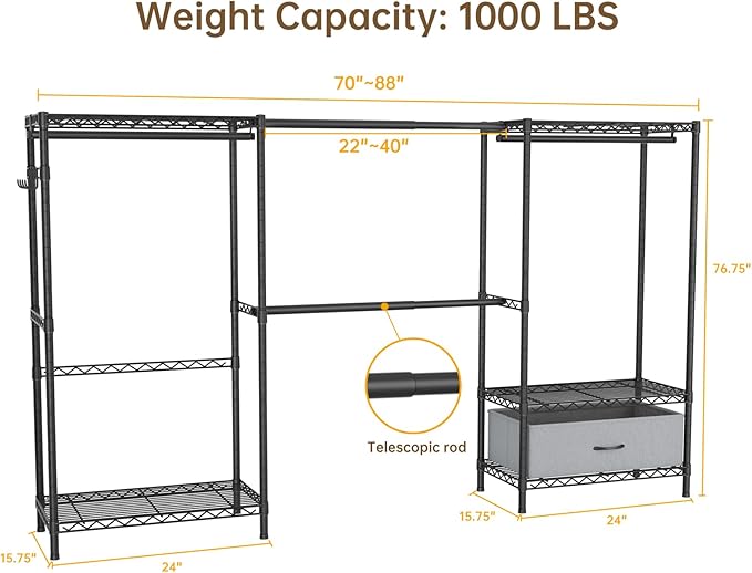 Golpart Coat Rack Clothes Wardrobe：Closet Organizer and Storage Clothing Garment Rack with Shelves Heavy Duty for Hanging Clothes Portable Adjustable Black 15.8" DX(70-88)" WX76.5 H