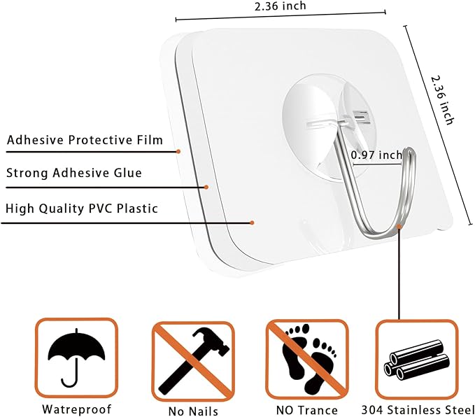Latoxcaa Heavy Duty Adhesive Wall Hooks - Strong & Transparent, Hold up to 22lb, Waterproof & Reusable, Ideal for Kitchen, Bathroom, and Office (20 Pack)