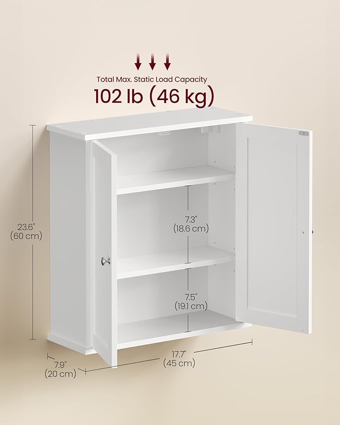 VASAGLE Siren Collection - Bathroom Wall Cabinet, Hanging Bathroom Storage Cabinet, for Medicines, Farmhouse, 2 Adjustable Shelves, 7.9 x 17.7 x 23.6 Inches, Cloud White UBBK320WB01S