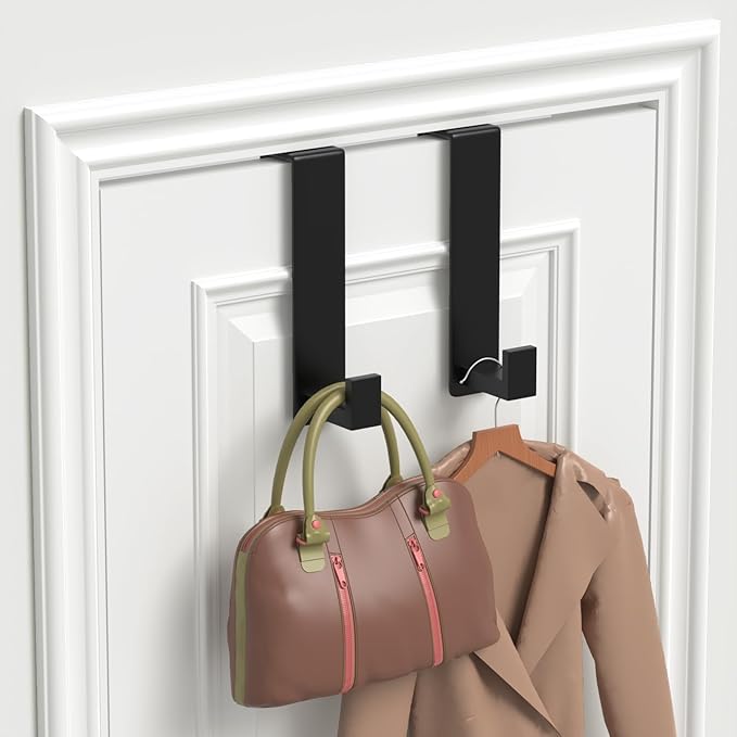 HUFEEOH Over The Door Hooks 2-Pack, Heavy Stainless Steel Coat & Towel Rack, No Drilling Scratch-Free Over Door Hanger Dorm Essentials Bathroom Accessories, Fits 1-3/4" Doors (Black) (L Shape)