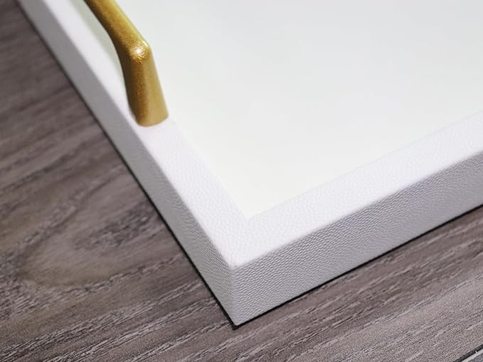 MCBZ Home Decor Rectangular Decorative Tray, Wooden Leather Serving Tray with Gold Hardware Carrying Handles, Suitable for Party Birthday Wedding Family All Occasions 16.5 * 12.6"（Creamy White）