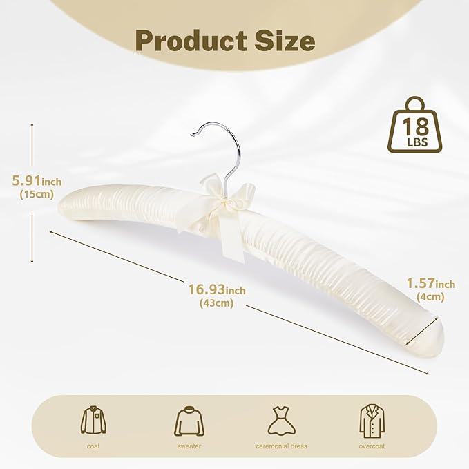 HOUSE DAY 17 Inch Satin Padded Hangers for Women, 10 Pack Heavy Duty Silk Hangers with Swivel Hooks, No Shoulder Bump Thick Foam Hangers for Sweater, Wedding Dress, Coat & Delicate Cashmere - Beige