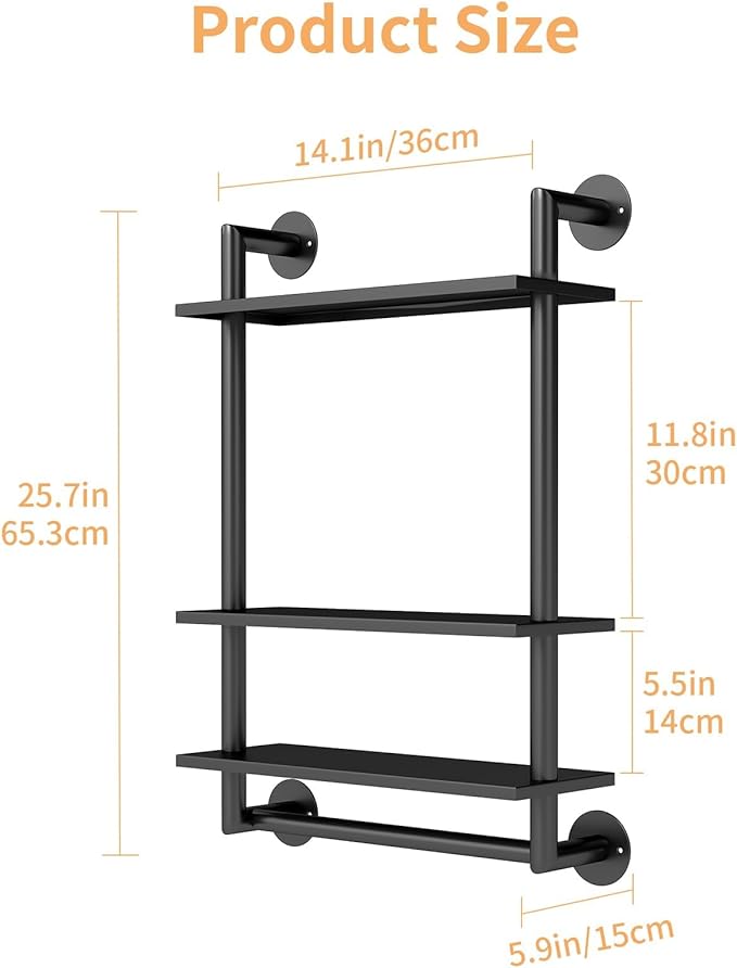 STWWO Bathroom Shelves Wall Mounted, 3 Tier Black Bathroom Shelf with Towel Bar, 26in Stainless Steel Floating Pipe Towel Racks Over Toilet, Bathroom Wall Shelves Laundry Room Kitchen Storage