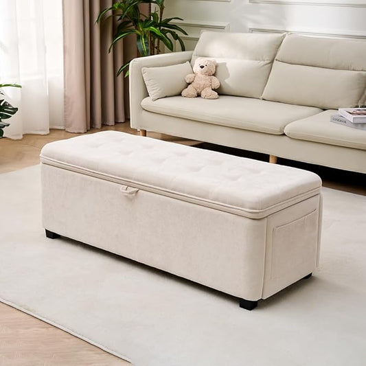 45" Storage Ottoman Bench, Tufted Ottoman with Storage for Living Room, Large End of Bed Ottomans, Modern Entryway Benchs, Window & Bedroom Benches for Foot of Bed (Ivory)