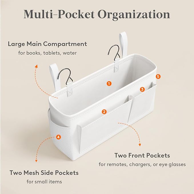 Lifewit Bedside Caddy Storage Organizer, Hanging Storage Bag with Fixed Straps, Book Remotes Holder for Home, College, Dorm, Bunk, Hospital, Crib Bed Rails, Large, White