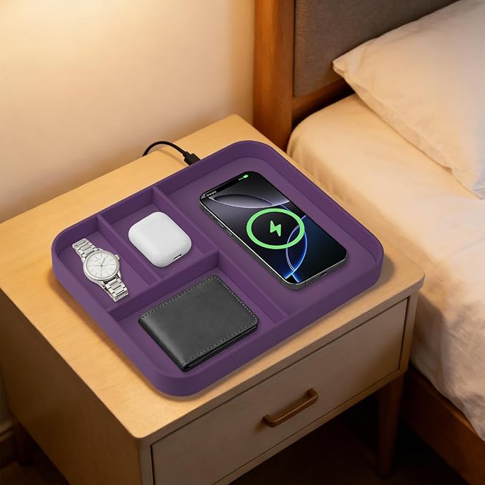 VOVIPO Faux Leather Valet Tray,with 2 in 1 Wireless Charging Compitable With iPhone/17/16/15/15 Plus/15 Pro/15 Pro Max/14/13/12/Wireless earphones,Office/Home Desk Organizers Tray-Purple