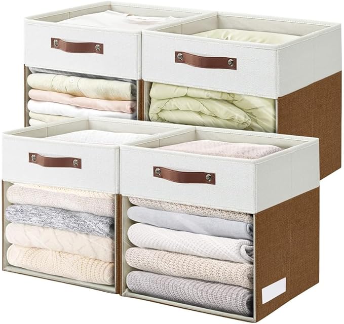 Bagnizer Storage Cubes, 4 Pack Linen Foldable Storage Bins (13 x 13 inch) with Clear Window and Handles, Fabric Organizer for Shelf Closet, Clothes, Books - (Brown and White)
