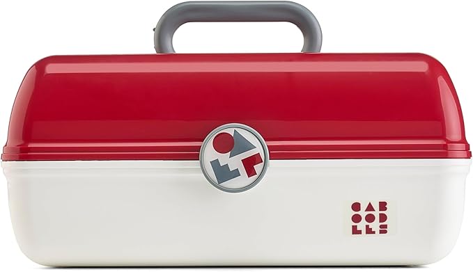 Caboodles School Spirit On-The-Go Girl Makeup Box, Crimson Over White, Hard Plastic Makeup Organizer Box, Built-In Mirror, Secure Latch for Safe Travel, Spacious Storage for Large Items