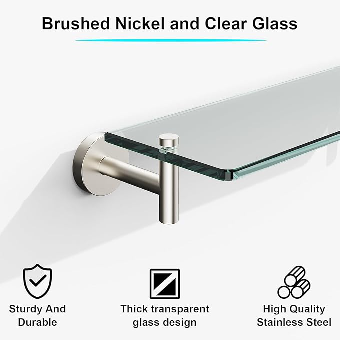 Glass Shelves for Bathroom,16-Inch Brushed Nickel Floating Bathroom Shelf Stainless Steel Tempered Glass Shelf Modern Shelves wall Mounted