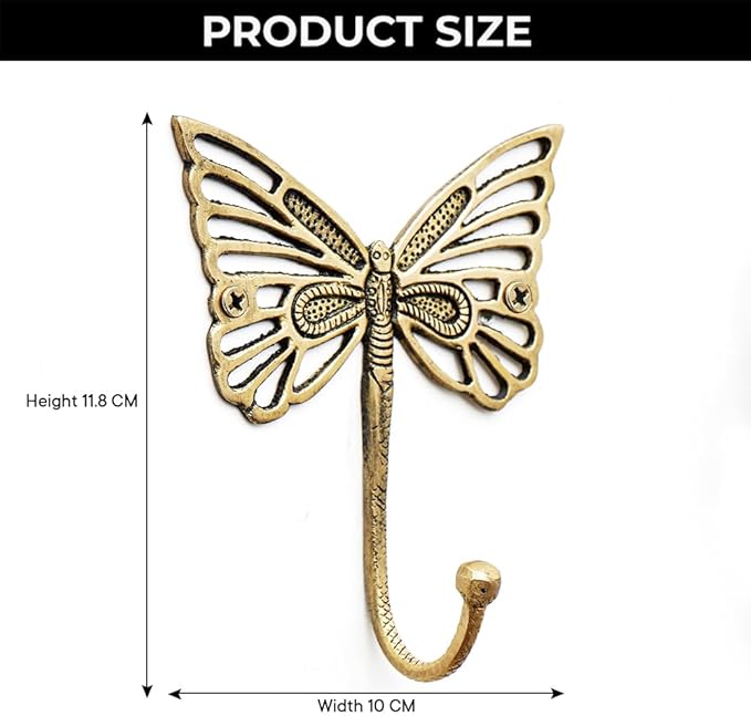 Indian Shelf 33 Lb. Solid Brass Butterfly Wall Hooks - Vintage Gold Decorative Hooks for Coats, Backpacks- Cute Heavy Duty Hangers for Kids Room, Entryway, Kitchen, Mudroom - Pack of 3