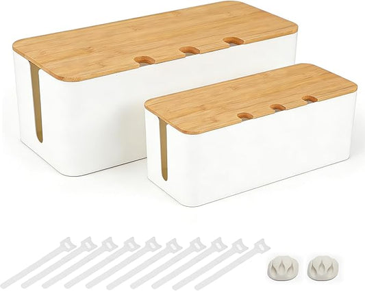 2 PCS Large Cable Management Box – Wooden Style Cord Organizer and Cover for TV Wires, Computer, Router, USB Hub and Under Desk Power Strip – Safe ABS Material
