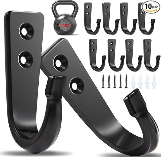 10Pcs Heavy Duty Wall Hooks for Hanging, Large Size Wall Hooks,Coat Hooks, for Backpacks, Coats, Cast Iron Pans and Other Heavy Items (Black Hooks)
