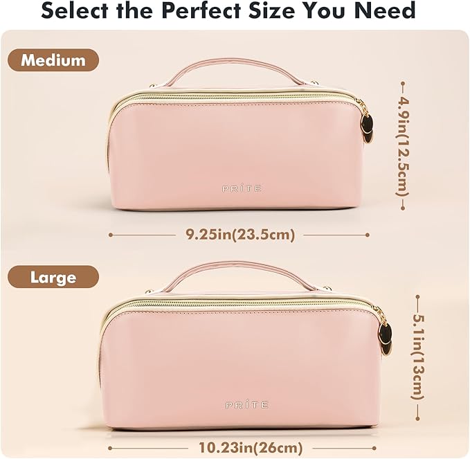 Prite Makeup Bag for Women Travel Waterproof Vegan Leather Cosmetic Bag Open Flat Toiletry Bag With Clear Divider and Handle (Pink, Large)