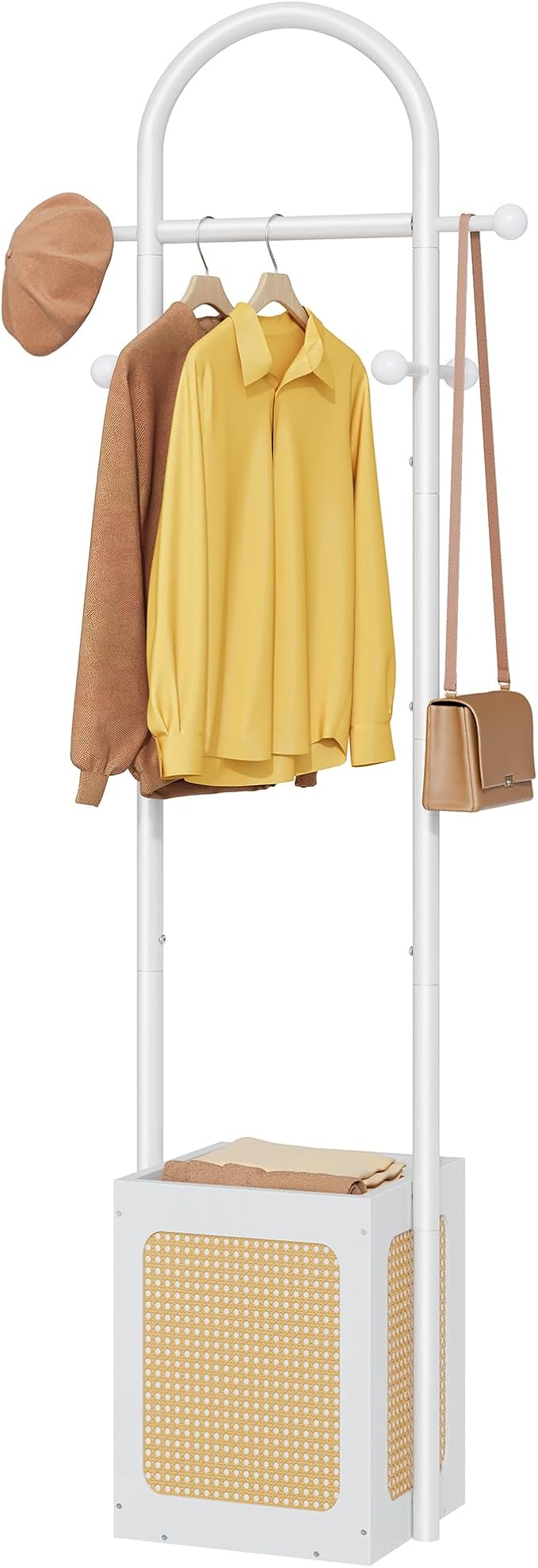 Tajsoon Coat Rack Freestanding, Coat Stand with Wooden Storage Basket, Coat Tree with 6 Hooks, Rattan Coat Hanger Stand for Living Room, Bedroom, Office, White