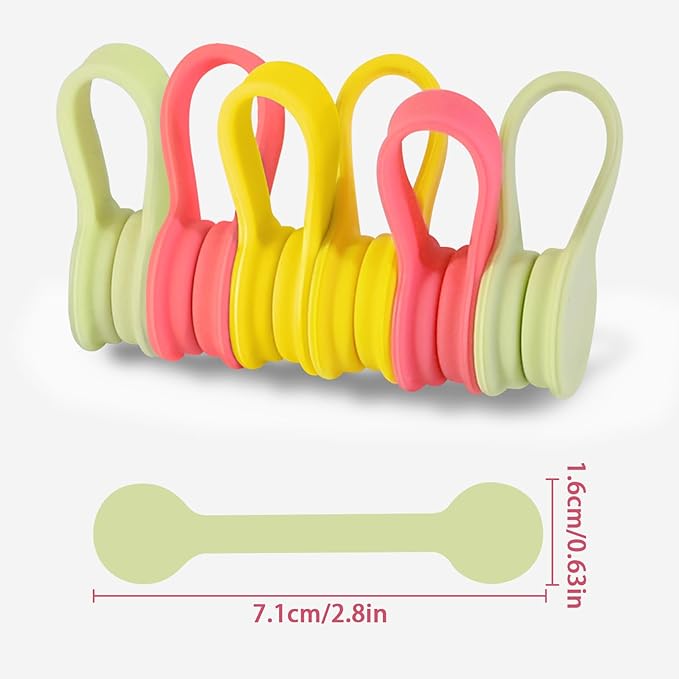 Viaky Magnetic Cable Ties 6-Pack, Reusable Silicone Cord Organizers for Desk Management, Quick-Snap Enclosed Magnetic Straps for USB and Appliance Cords - Red, Yellow, Green