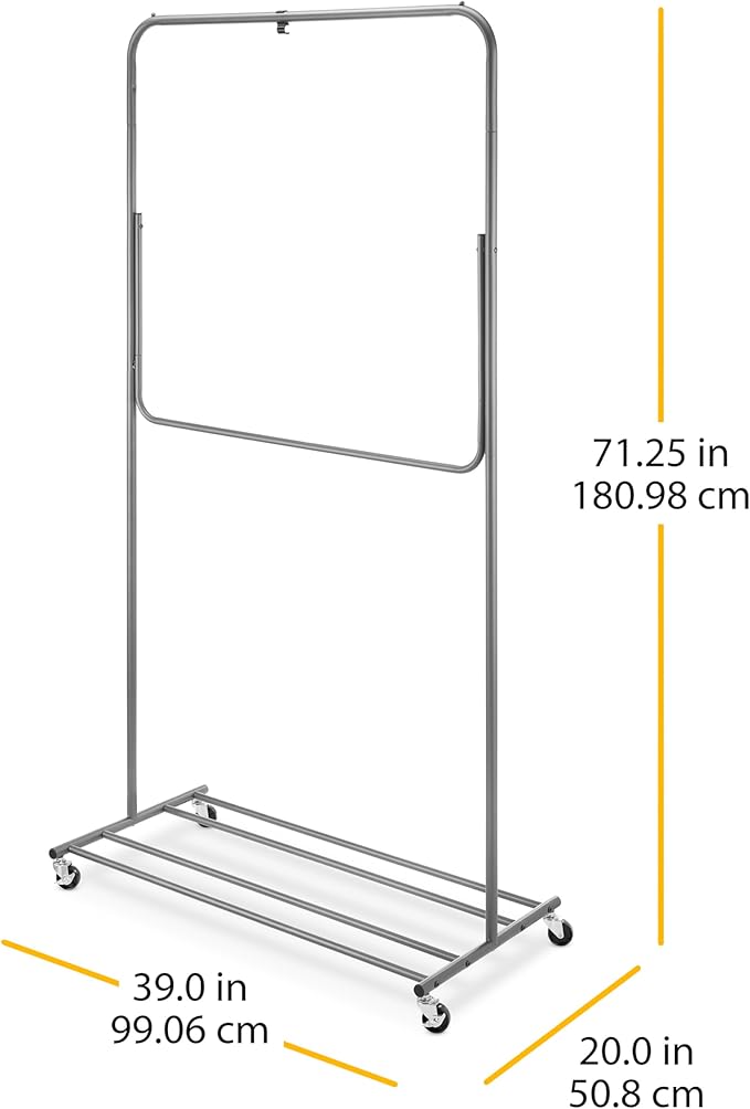 Whitmor Garment Rack - Convertible Single to Double Rod, Mobile with Locking Wheels for Long Garments, Laundry Room, Bedroom, Gray