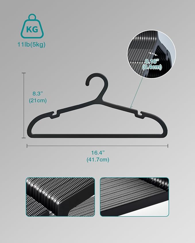 ABHENG 100 Pack Clothes Hangers, Non Slip Plastic Coat Hangers, Space Saving Hangers, Heavy Duty, Hanging Dry Wet Clothes, 16.4" x 8.3", Black, UAPY05100B