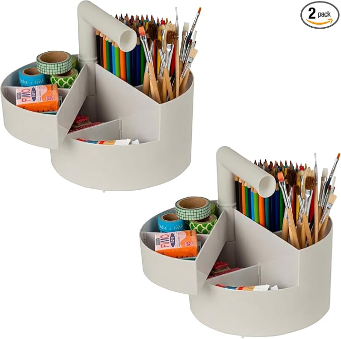 IRIS USA 2-Pack Desk Caddy Organizer |Made in USA| with Built-In Handle & 6 Storage Compartments for Markers, Pens, Arts & Crafts - Grey
