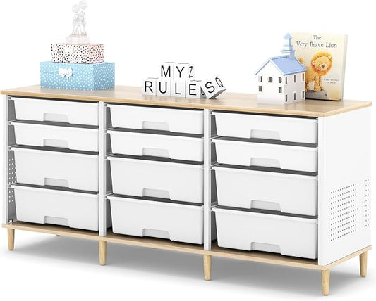 12 Drawers Storage Cabinet with Wooden Top and Plastic Bins, Toy Shelf Storage Chest Cubby Organizer for Home, Office, Playroom, Classroom & Craft Room Storage (White)