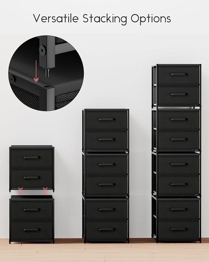 Homsorout Stackable Storage Drawers - 2 Tier Closet Organizer with Metal Frame and Handles, Fabric Dresser with Collapsible Bins for Bedroom, Dorm, Office, Black, 1 Pack