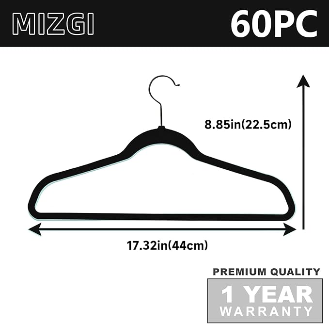 MIZGI All Black Velvet Hangers 60 Pack,Premium Flocked Clothes Hangers Non-Slip Felt Hangers,Sturdy Black Hangers Heavy Duty Coat Hangers,Durable Suit Hangers for Space Saving, No Hanger Marks