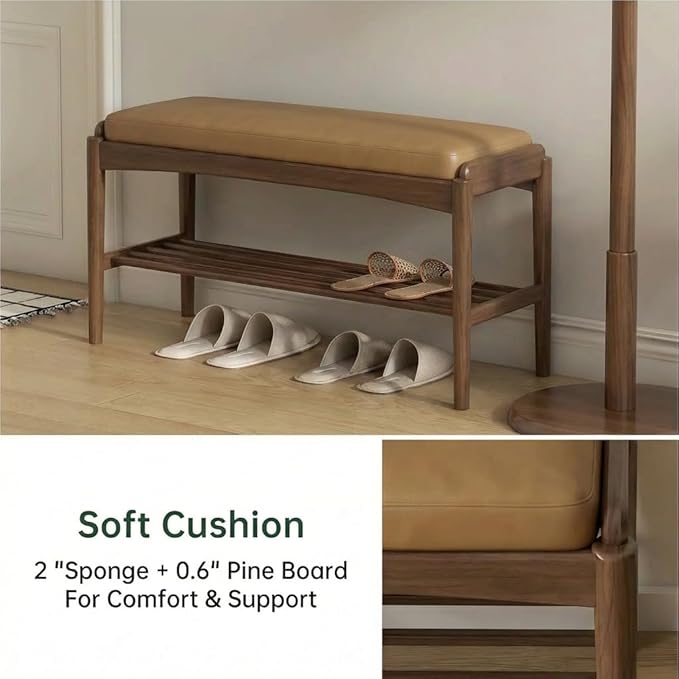 Black Walnut Shoe Bench Assembled, Solid Wood Shoe Rack Bench with Silicone Leather Cushion for Entryway, Living Room, Bedroom, Hallway