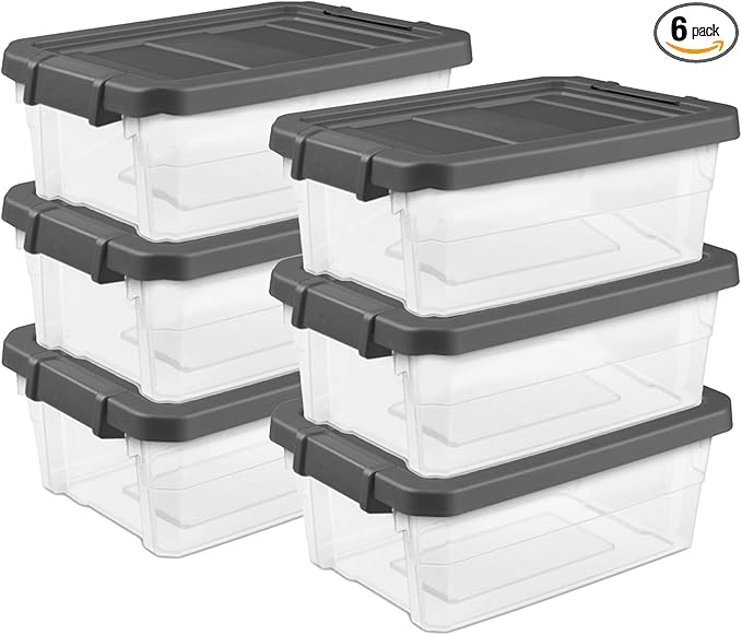 Sterilite 6-Pack Modular Stacker Box, Durable Clear Plastic Storage Bins with Latching Lids, 16 Quart - Stackable Organizing Container Boxes for Closet, Bathroom, and Office