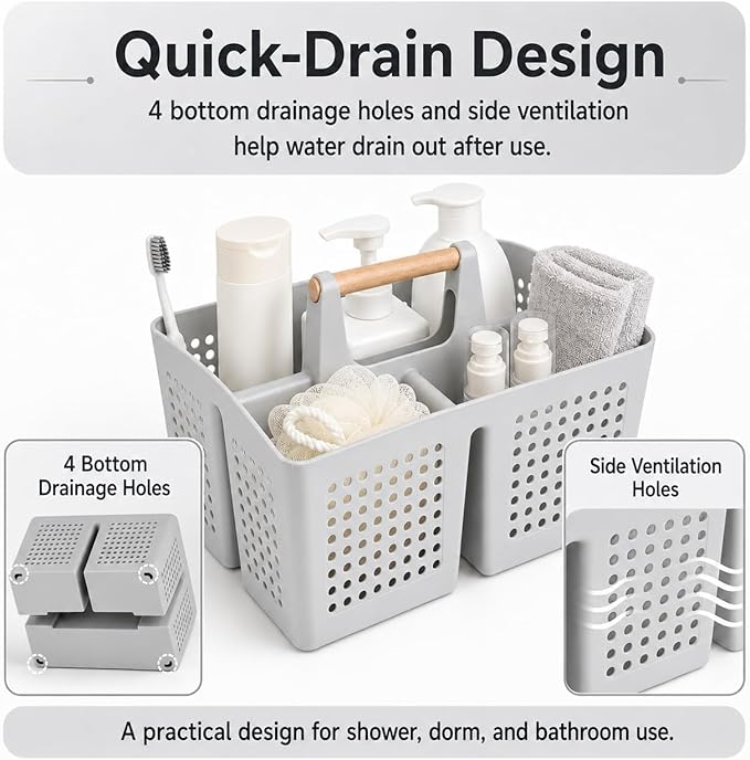 Portable Shower Caddy Basket with Wood Handle, 3-Compartment Bathroom Organizer Tote with Drain Holes, Plastic Shower Basket for Dorm, Toiletries, Cleaning Supplies,Light Gray