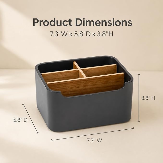 Remote Control Holder with Removable Wood Compartments for Media Devices, Desktop Stationery, and Bedside Nightstands, Black