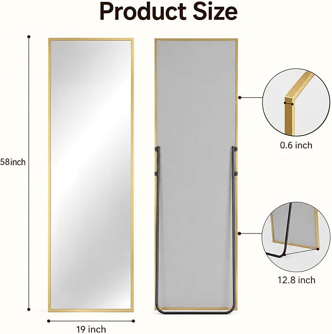 Antok Full Length Mirror, 58"x19" Floor Mirror with Stand, Hanging Mounted Mirrors for Bedroom, Living Room, Cloakroom, Dining Room, Gold, Rect