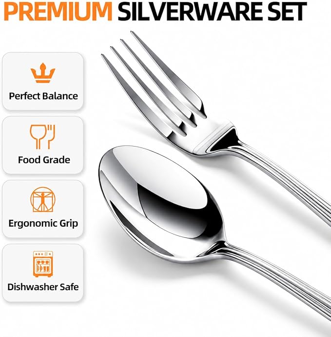 NICE KITCHEN Silverware Set for 12,60 Piece Heavy Duty Stainless Steel Flatware Set - Mirror Polished Cutlery Set,Dishwasher Safe Utensil Set with Knives Forks Spoons,Luster Series