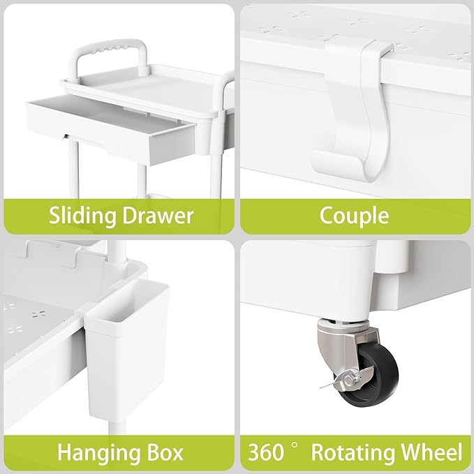 Sorgion 3 Tier Rolling Cart Organizer,Laundry Room Bathroom Organizers and Storage Office Shelves Mobile Shelving Unit Kitchen Trolley Cart with Wheels for Art,Craft,Diaper,Bedside,Snack(White)