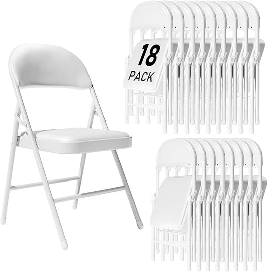 18 Pack White Wedding Folding Chairs - Water-Resistant PU Cushion, Elegant Stackable Design, Commercial Steel Frame (350lbs) for Outdoor Weddings/Events/Parties