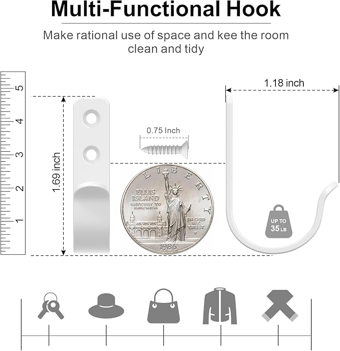 15-Pack White Metal Wall Hooks, Heavy Duty Screw-in Coat Hooks Wall Mounted for Hanging Towel, Clothing, Robe, Single Hooks for Bathroom, Entryway, Garage Organization