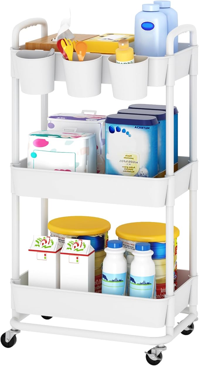 3-Tier Baby Diaper Caddy Organizer Cart with Locking Wheels & Hanging Cups - Rolling Storage Cart for Nursery, Changing Table, Baby Essentials, White