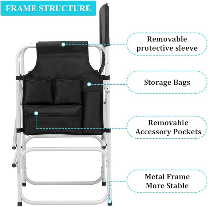 Outvita 26" Tall Directors Chair Height Seat Folding with Side Table Storage Bag, Support for 300Lbs Portable Makeup Artist Chair with Bar Height(Black)