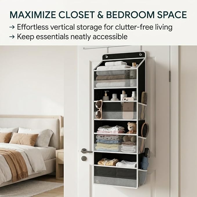 SUREMAX 42.5" Over The Door Organizer, 40 Lbs Heavy Duty Anti-Tilt Behind Door Storage with 4 Large Pockets and 6 Side Mesh Pockets, Hanging Closet Organizer for Bathroom, cabinet, Nursery and Pantry