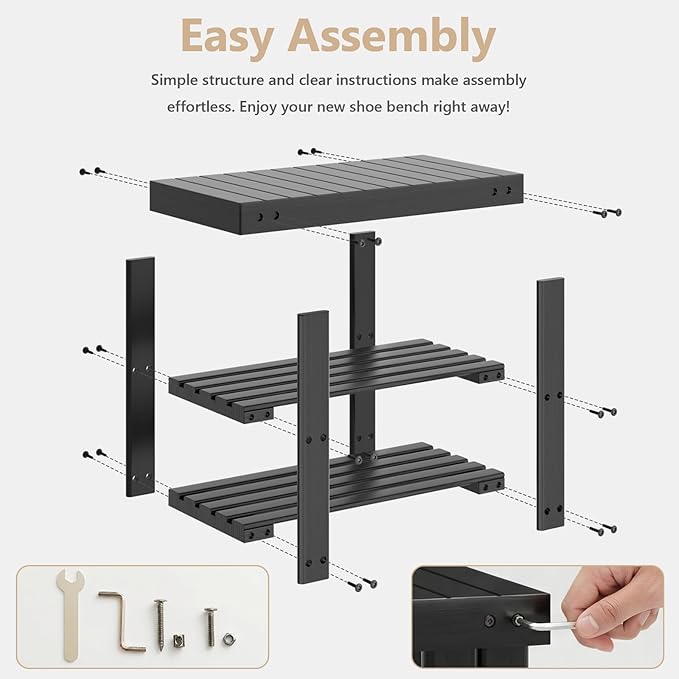 NEWBULIG Shoe Rack Bench, 3-Tier Bamboo Shoe Organizer, Wooden Entryway Storage Bench, 286 lb Load Capacity, 11.2x19.7x17.9 Inches, for Entryway Bathroom Bedroom Balcony, Black