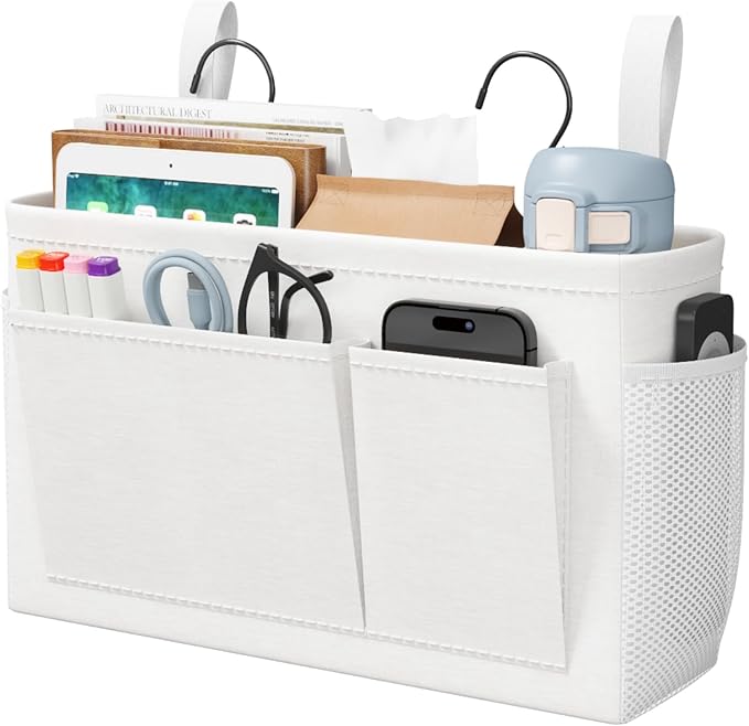 Lifewit Bedside Caddy Storage Organizer, Storage Bag Hanging Organizer with Fixed Straps, Book Remotes Holder for Home, College, Dorm, Bunk, Hospital, Crib Bed Rails, White
