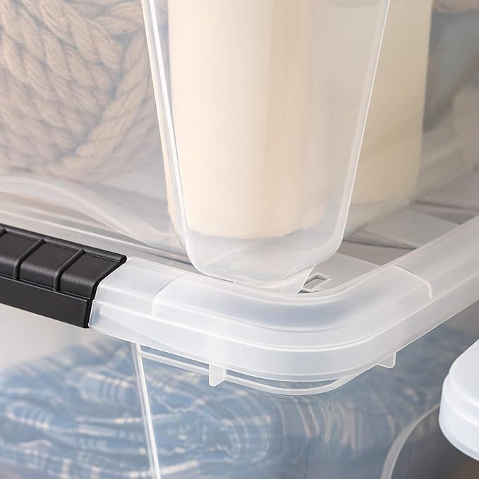 IRIS USA 32 Qt Stackable Plastic Storage Bins with Lids, 4 Pack - BPA-Free, Made in USA - See-Through Organizing Solution, Latches, Durable Nestable Containers, Secure Pull Handle - Clear