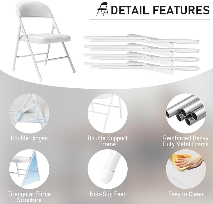 24 Pack White Folding Chairs with Padded Cushion and Back for Outside Portable Stackable Commercial Foldable Chairs with Steel Frame for Events Office Wedding Party, 350lbs Capacity