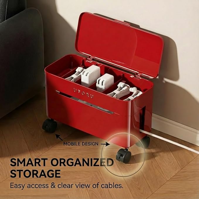 2-Tier Rolling Cable Management Box with Wheels (Large) – Mobile Power Strip Hider & Cord Organizer – Under Desk Wire Concealer & Charging Station Organizer – Baby & Pet Proof Safety (Cream White)