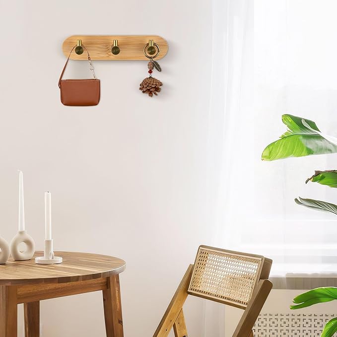 Nekon Bamboo Key Holder for Wall, Wall Mount Key Organizer with 3 Hooks, Decorative Coat Rack for Entryway, Kitchen, Bedroom, Bathroom (Gold Hooks)