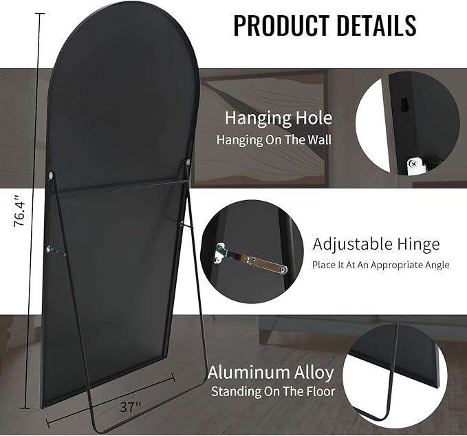 Beauty4U 76" x 37" Arched Full Length Mirror with Stand, Large Floor Mirror for Bedroom & Living Room, HD Tempered Glass Wall Mounted or Leaning Dressing Mirror, Black Metal Frame