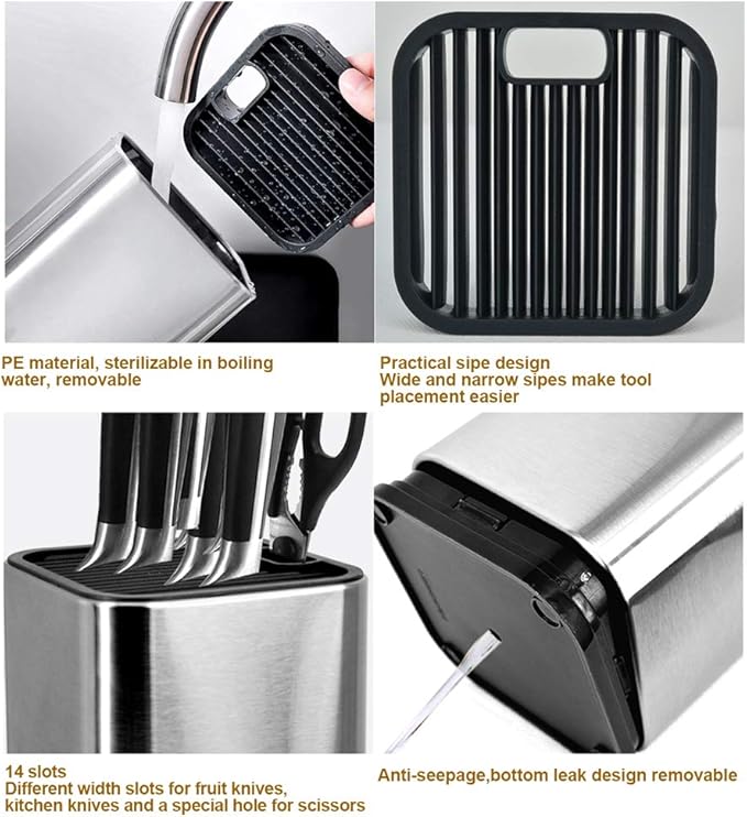 Stainless Steel Universal Knife Block Holder with Slots for Scissors or Sharpening Rod, Space Saver Knife Storage, Detachable for Easy Cleaning, Square Knife Holder For Safe