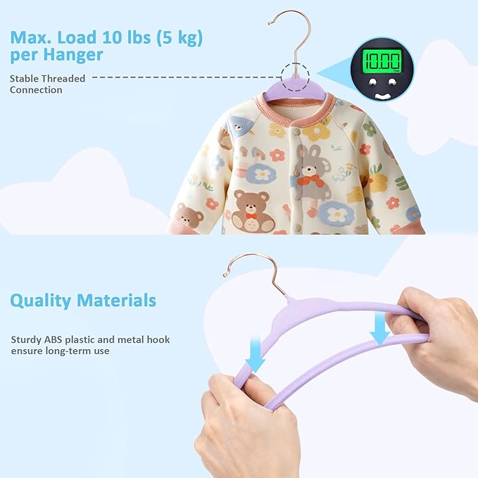 Tonswachic Baby Velvet Hangers 30 Pack - 11 Inch Premium Non Slip Kids Felt Hanger for Infant Clothes - Ultra Thin Baby Felt Hangers for Toddler Children's Closet with 10 Hanger Clips - Purple